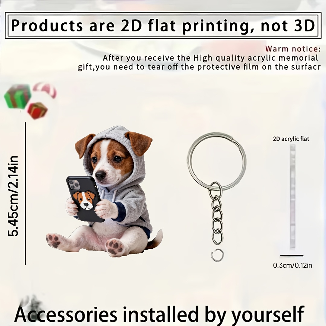 TEMU 2d Flat, 2d Flat Design, 1 Cute Terrier Dog Holding A Phone-shaped Keychain, Dog-themed Decorative Pendant, Multi-functional Keychain Accessory,