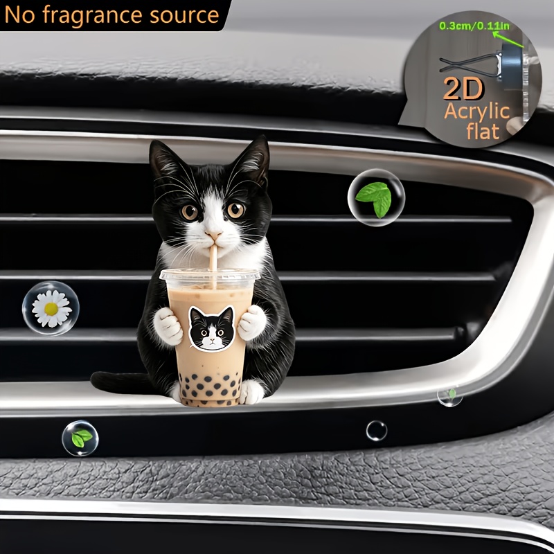 TEMU 2d Flat, 2d Flat 1pc Well-behaved Cat Drinking Milk Tea Pattern 2d Acrylic Car Vent Decoration, Car Air Freshener, Fashionable Acrylic Car
