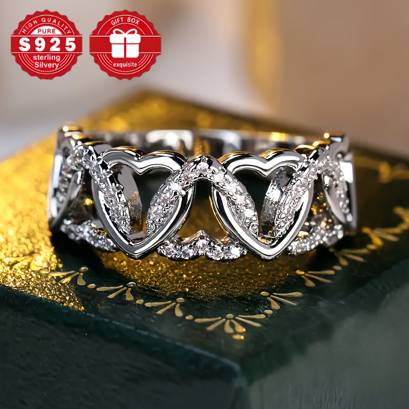 TEMU Elegant 925 Sterling Silvery Women's Ring, Bohemian Hollowed Out Love Ring - Bridal Accessory, Anniversary Gift, Christmas Gift, Worn All Year