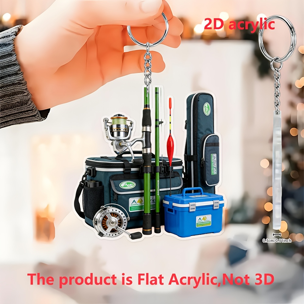 TEMU 2d Flat, 2d , 1pc Complete Fishing Tackle Set Acrylic Keychain Pendant, Outdoor Vintage Fishing Workwear Style Keychain Ornament, Novelty