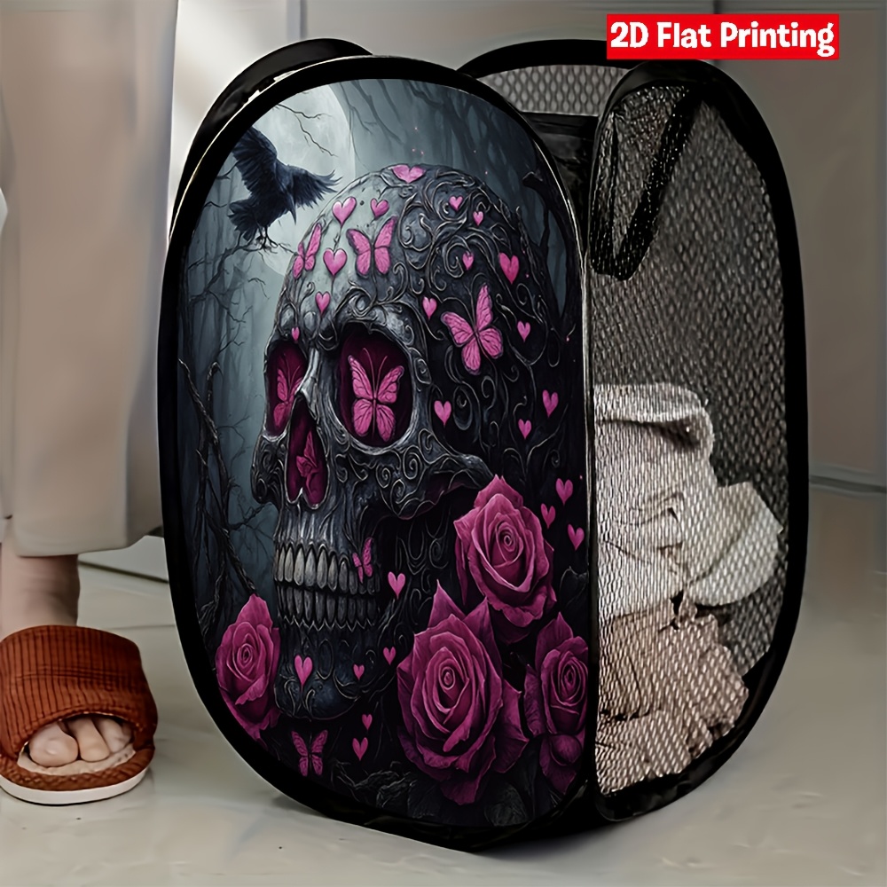 TEMU 1pc Of A Dark Gothic Design Featuring Pink Butterflies And Roses, Designed As A Pop-up Laundry Hamper For Decorative Use In A Bedroom Or Living