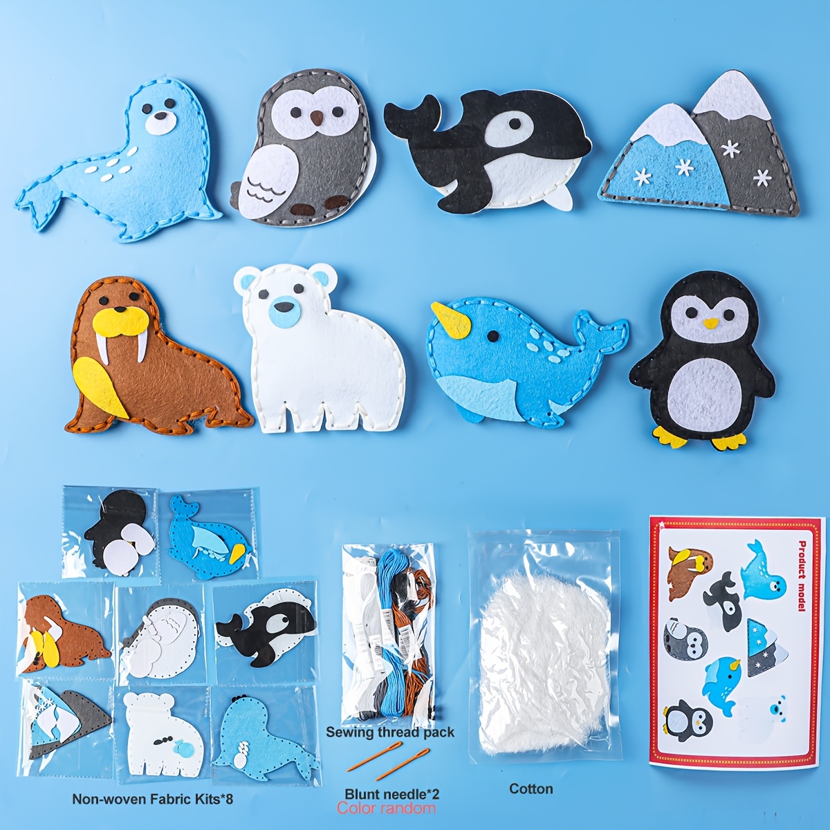 TEMU 8pcs Winter Polar Animal Felt Sewing Kit, Children's Diy Non-woven Fabric Doll Craft Set, Safe Felting Needles, Educational Art Toy For Girls,