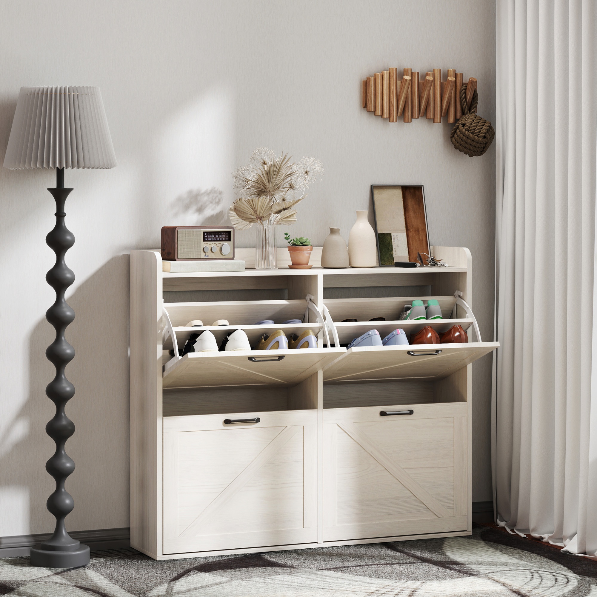 TEMU HOMCOM Industriel Chaussure Organisateur avec 3 Tiroirs & Étagères Ouvertes - Bois Blanc & Plaque de , Hauteur 27", 3.2 Pieds Carrés de