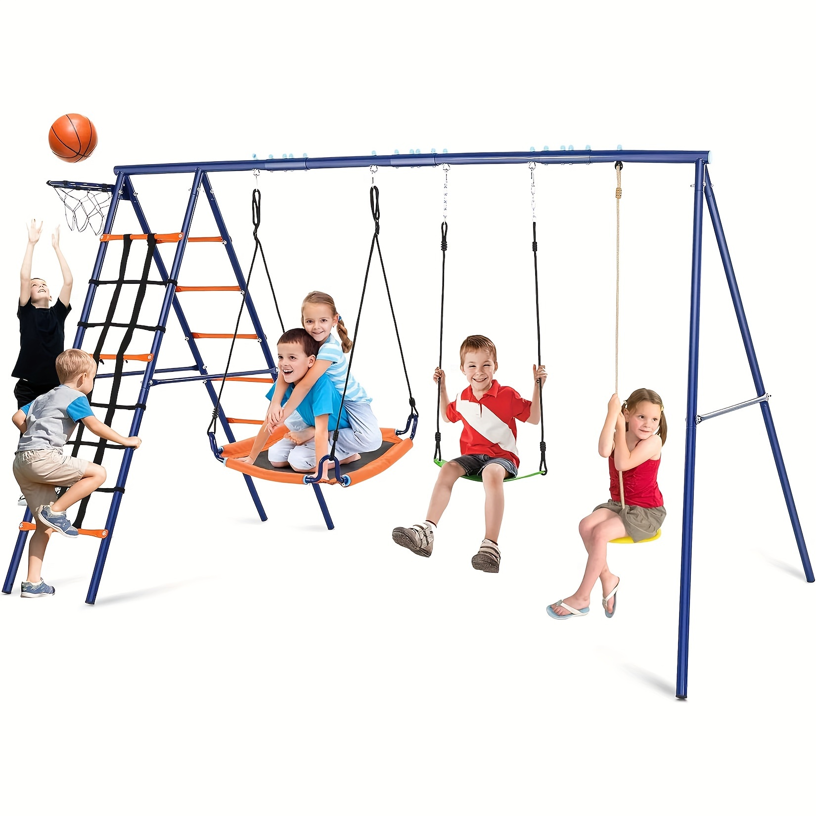 

Swing Set For Backyard - 6 In 1 Multifunction Kids Swing Set Heavy Duty 550 Lbs Outdoor Extra Large Metal Swing Frame With 3 Adjustable Swing Climbing Net Ladder Basketball Hoop