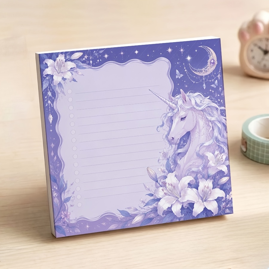 TEMU Kawaii Unicorn Moon Star Non-sticky Notepad, Purple Celestial Tear-off Memo Pad, Pre-printed Checklist Lined For School Supplies, Desk Decor And