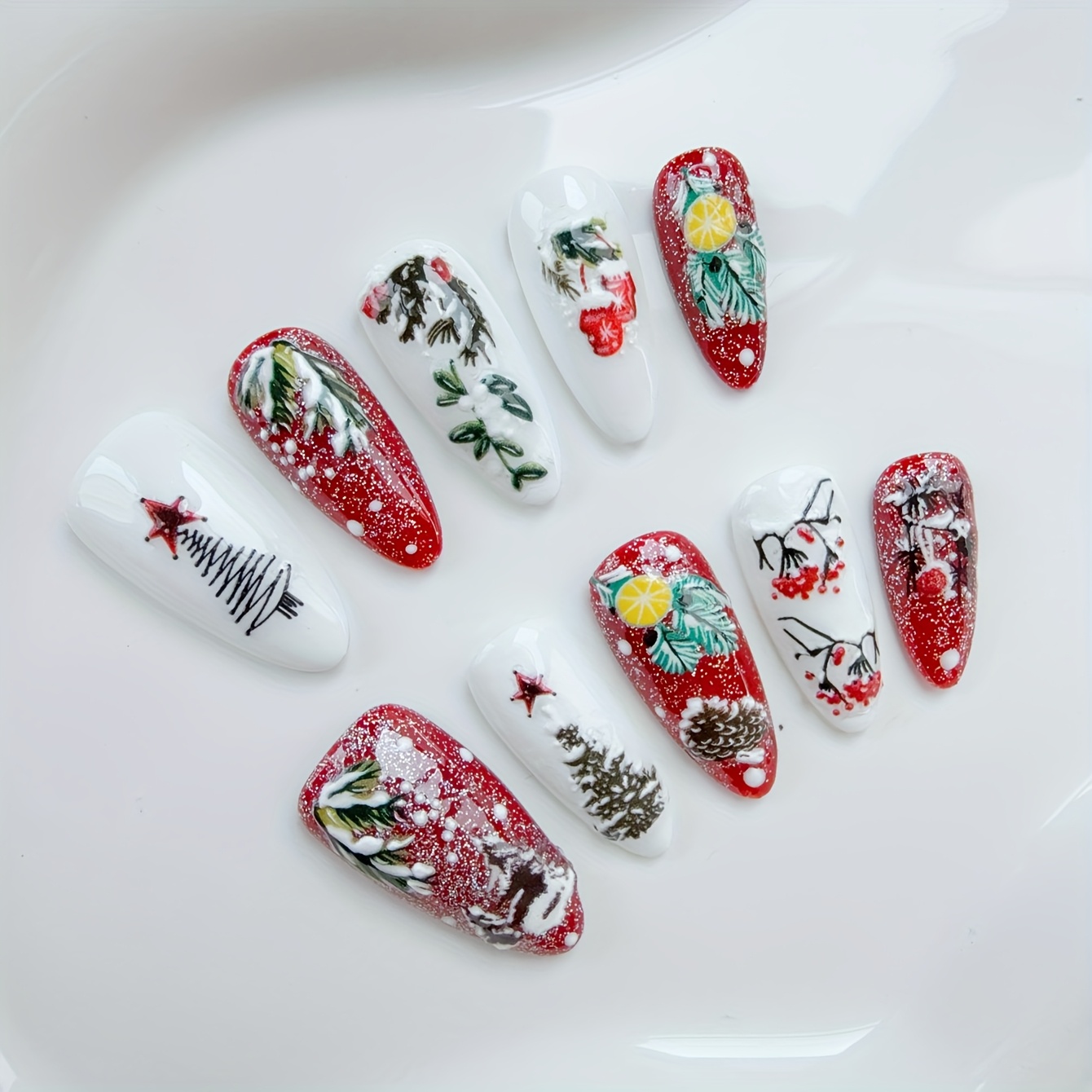 

10pcs Handmade Press On Nails, Christmas Fake Nails With Design, Medium Shape Cute False Nails For Women Girls