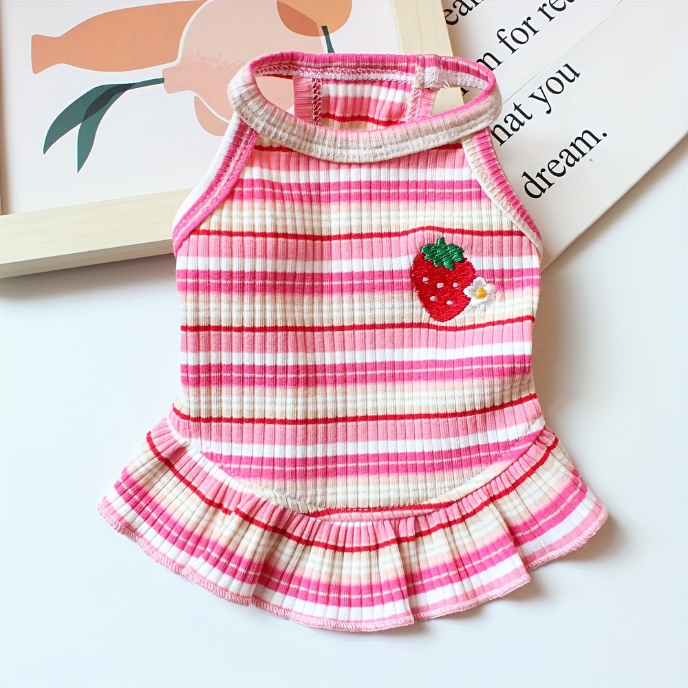 TEMU 【2025年春夏】いちご柄キャミドレス ストライプ柄 ペットドッグ用 快適 通気性 服 テディパピー ドレス