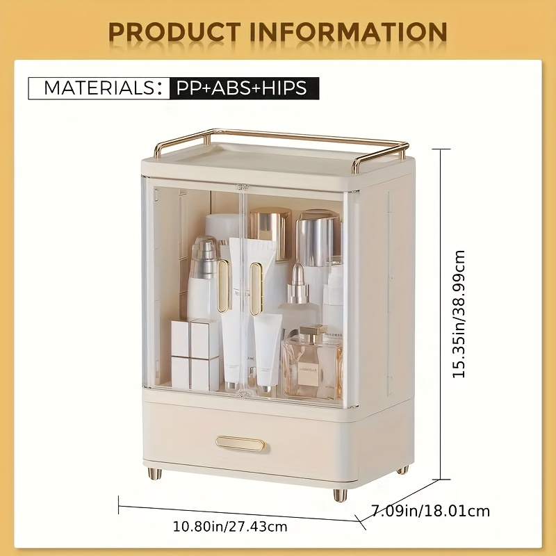 2 3 layer cosmetic storage organizer with golden plated handles top shelf   durable plastic freestanding bathroom bedroom storage box polished   no power needed bathroom organizers and storage Product details 5