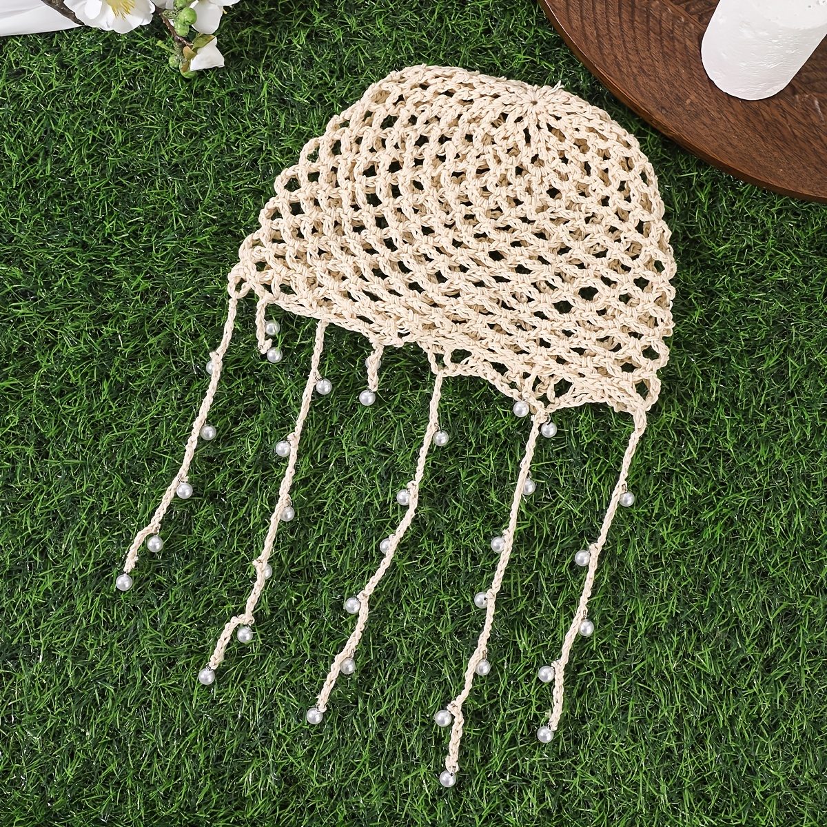 TEMU 1pc Women's Boho Handmade Crochet Hair , Hollow Mesh Head Cap With Hanging Pearl Fringe, Yacht Vacation Head Cover
