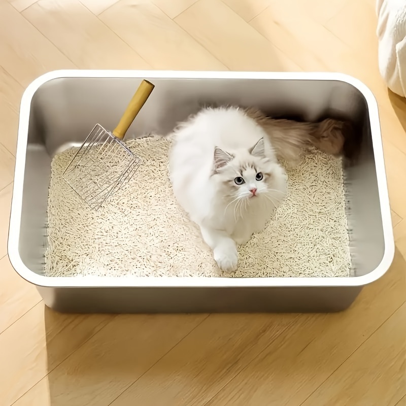 

Stainless Steel Cat Litter Pan: Large Rectangular Metal Cat Sandbox For Small Cats And Rabbits, Odorless, Non-sticky, Easy To Clean