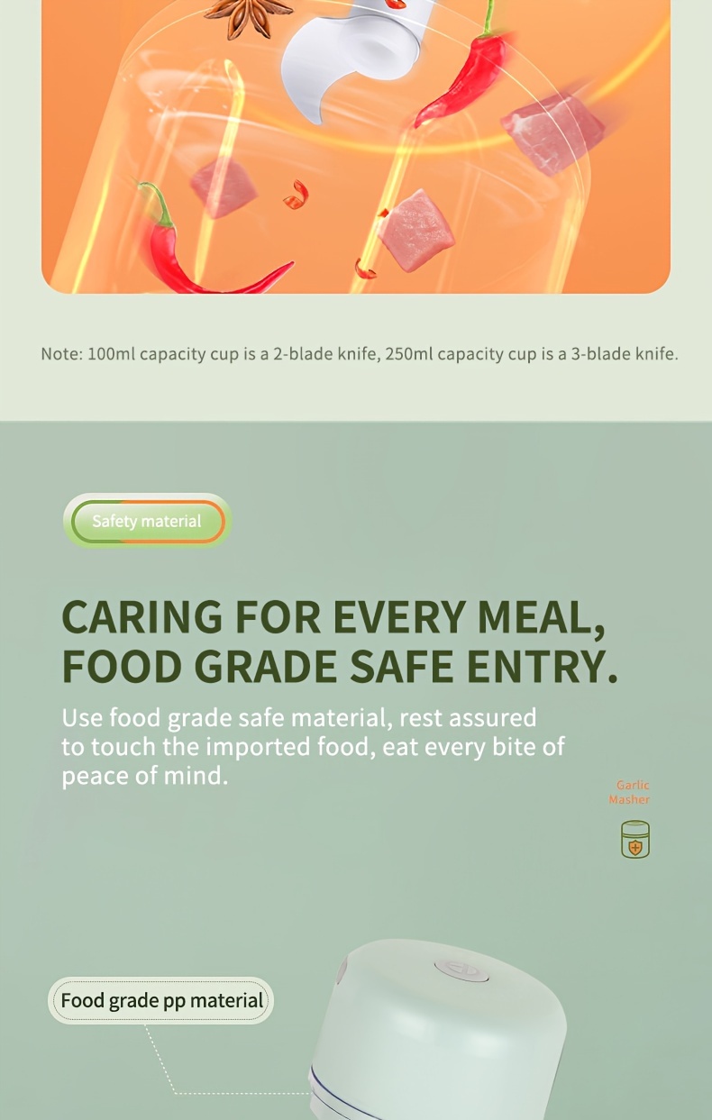 Picadora de ajo eléctrica portátil mini recargable por USB de 100/250 ml - Para picar ajo, jengibre, chile, cebolla, carne