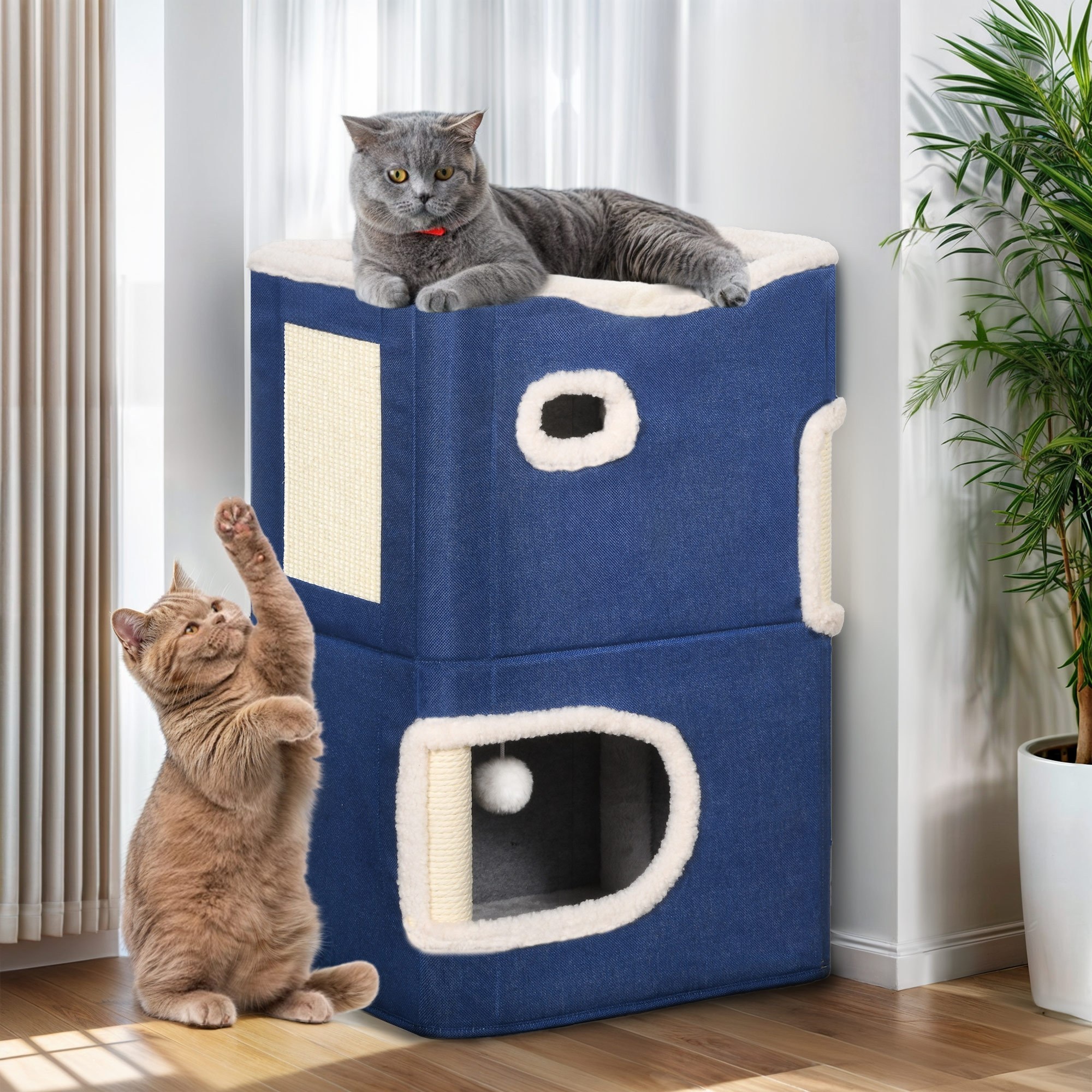 

2- Tier Cat House, Indoor Cat Tree Tower Condo Scratching Post Activity Center Play House Furniture