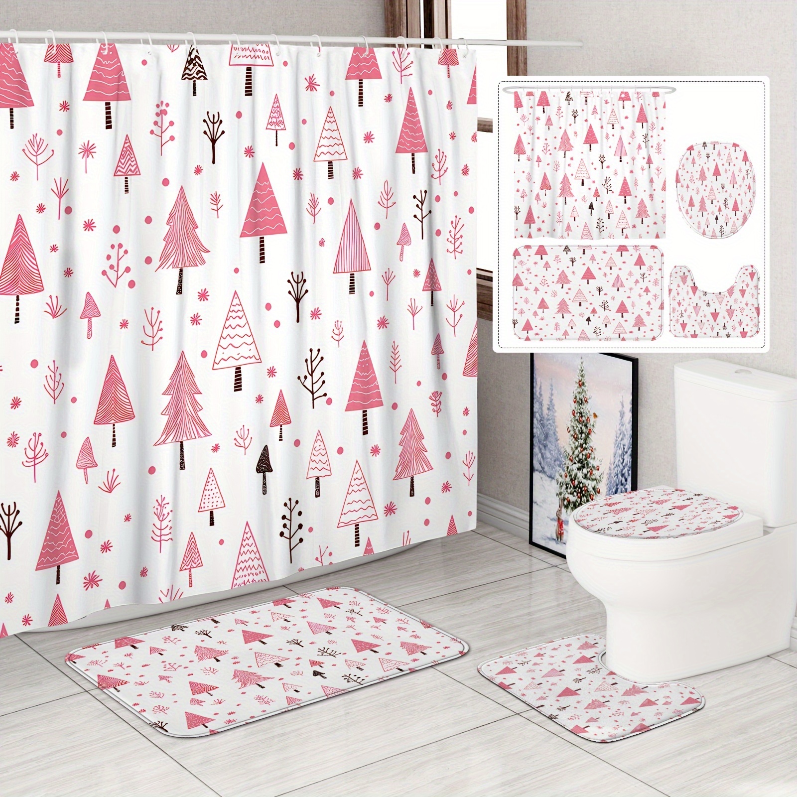 

[] 1/4pcs Christmas Curtain Set Christmas Tree Curtain Polyester For Bathroom Omaments 12hooks Bath Mat Lid Mat