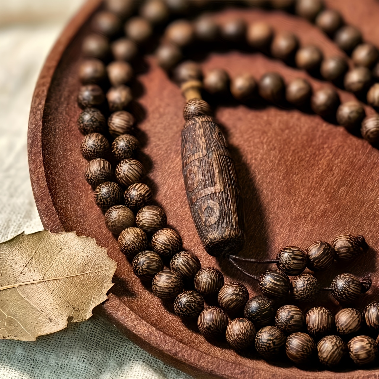 Image of 108 Natural Agarwood Beads - Vintage Style Carved Wooden Pendant Meditation Rosary, Men's Fashion Accessories Handmade Spiritual Jewelry |