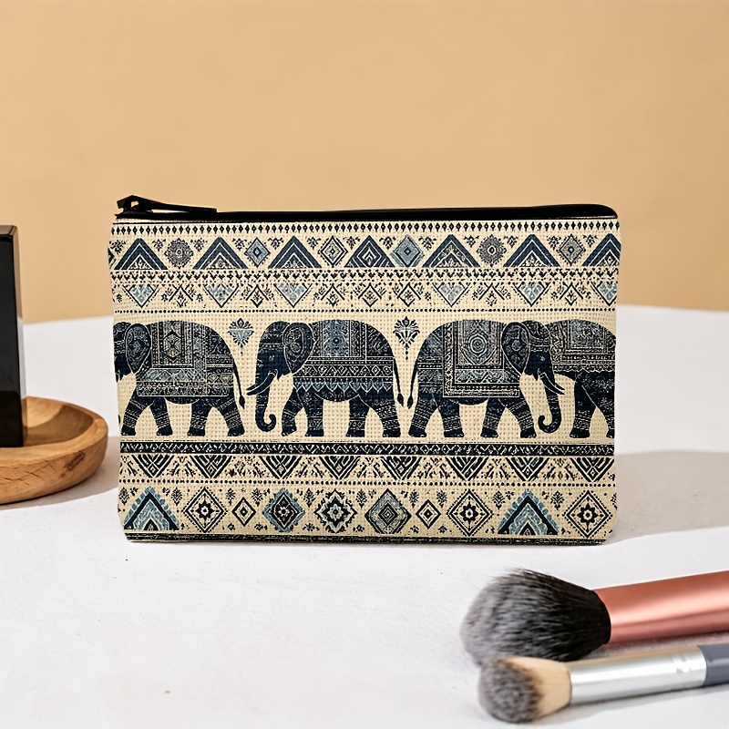 TEMU 2d Flat Double-sided Printed Makeup Bag, 1pc High-end Ethnic Style Elephant Pattern Large Capacity Cosmetic Pouch, Thickened Material, For