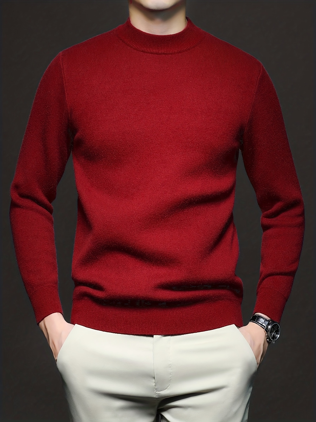 Men'S 2025 Autumn/Winter New High-Neck Long-Sleeved Sweater - Men'S Casual Knitted Warm Base Shirt, Thickened 1.1 LB Fabric, Comfortable Elastic Knit, Solid Color Pullover, Medium Elasticity, Slim Fit, Hand Wash Solely, Comfortable Daily Wear