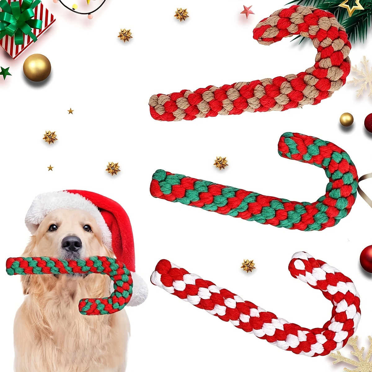 

3pcs Christmas Candy Cane Dog Chew Toys - Rope For Dental Health & Interactive Play, Ideal For Small Breeds, Dog Toys For Aggressive Chewers