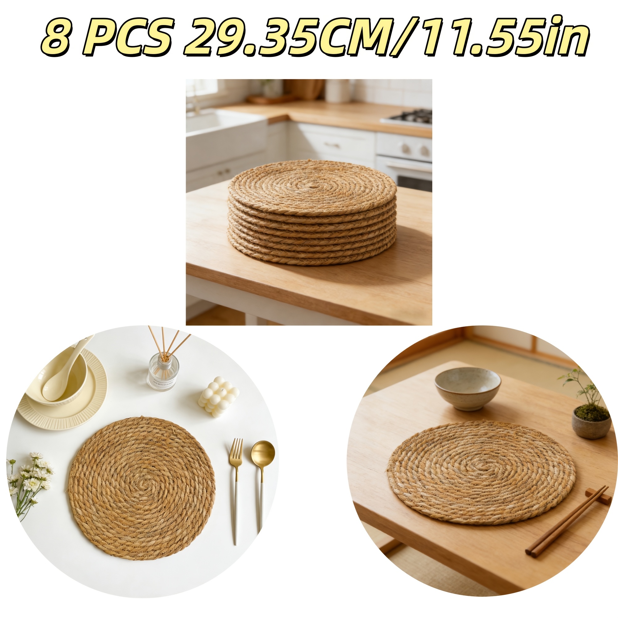 E-shop Handgefertigte runde Rattan-Tischsets 2/4/8 Stück 11,55 Zoll hitzebeständig, rutschfest, Topflappen, pflegeleicht für Thanksgiving, Halloween,