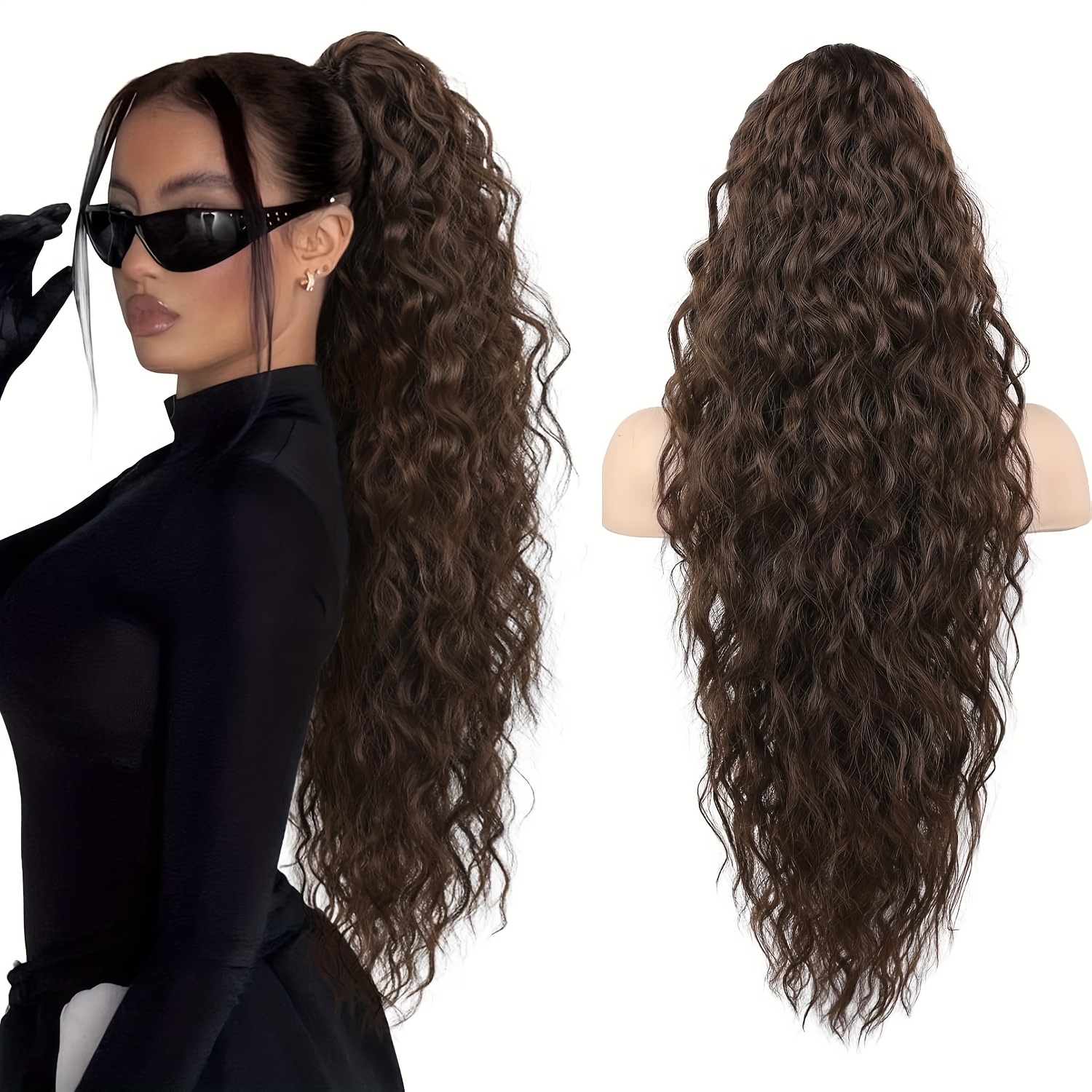 28 inch lightweight curly wave clip in hair extension multi layered synthetic hair for   ponytails chocolate brown unisex all   ponytail hair extensions versatile hairpiece multilayered texture easy application hairpiece details 1