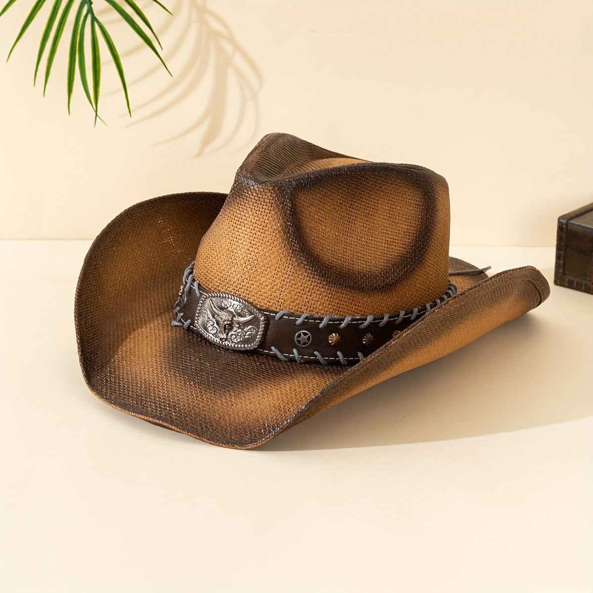 

Western Cowboy Hat With Bull Skull Logo - Woven Sun Protection Cap, Unisex Vintage Style With Removable Handmade -leather Belt Rope For Party, , Casual Wear Jazz Hat (pack Of 1)