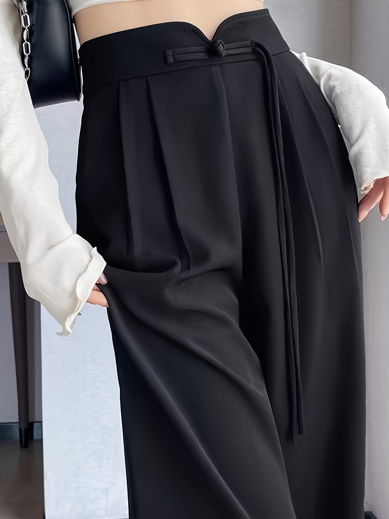 stijlvolle hoge-taille zwarte maatpakbroek voor vrouwen - rechte pijp met nep trekkoord, machinewasbaar, perfect voor lente/zomer/herfst kantoor of casual uitjes 0