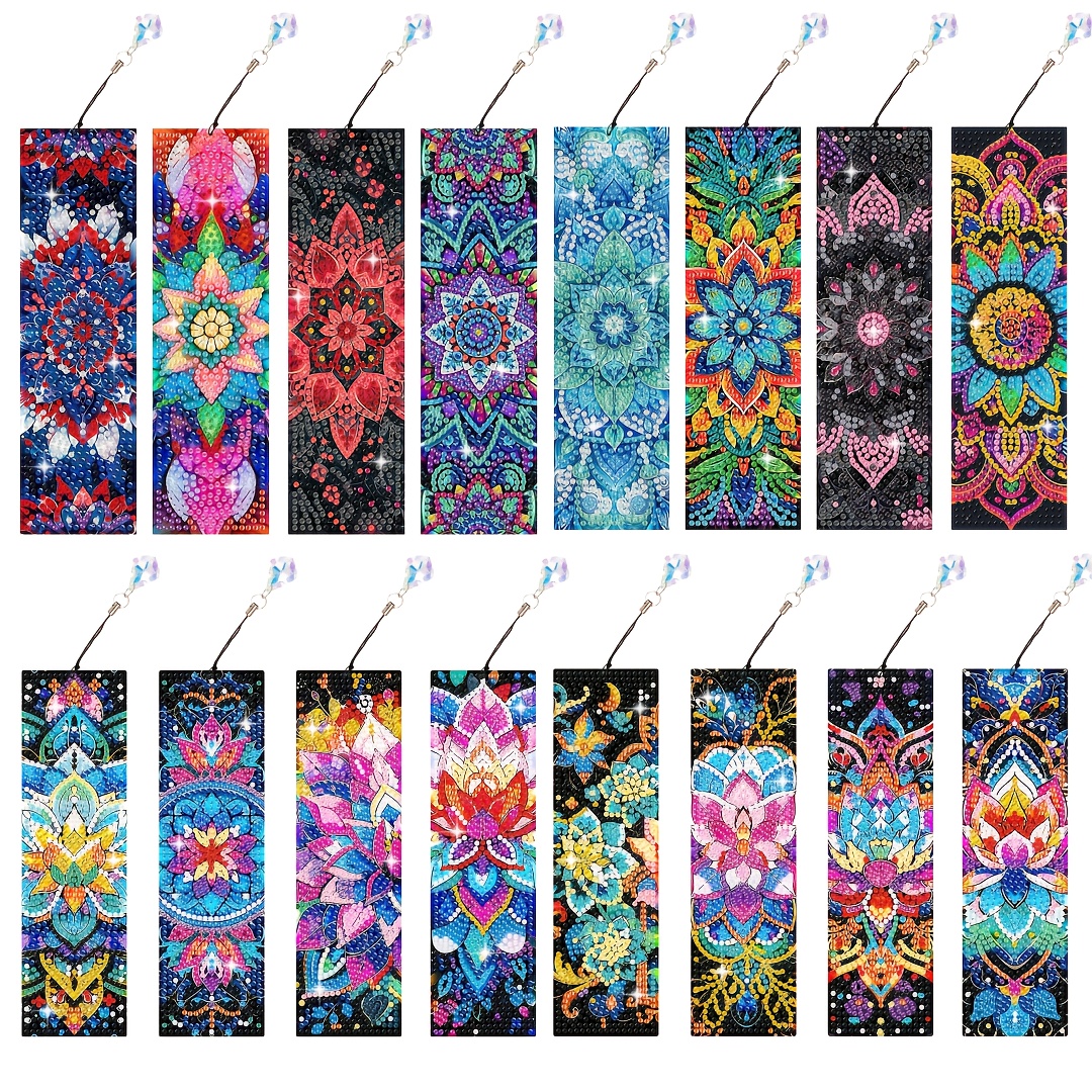 Image of 16pcs Mandala Diamond Bookmark Set, Diy Diamond Painting Flower Bookmarks, Home Office School Classroom Crafts With Colorful Pendants, Christmas Handmade Gift For Beginner Reading Lovers