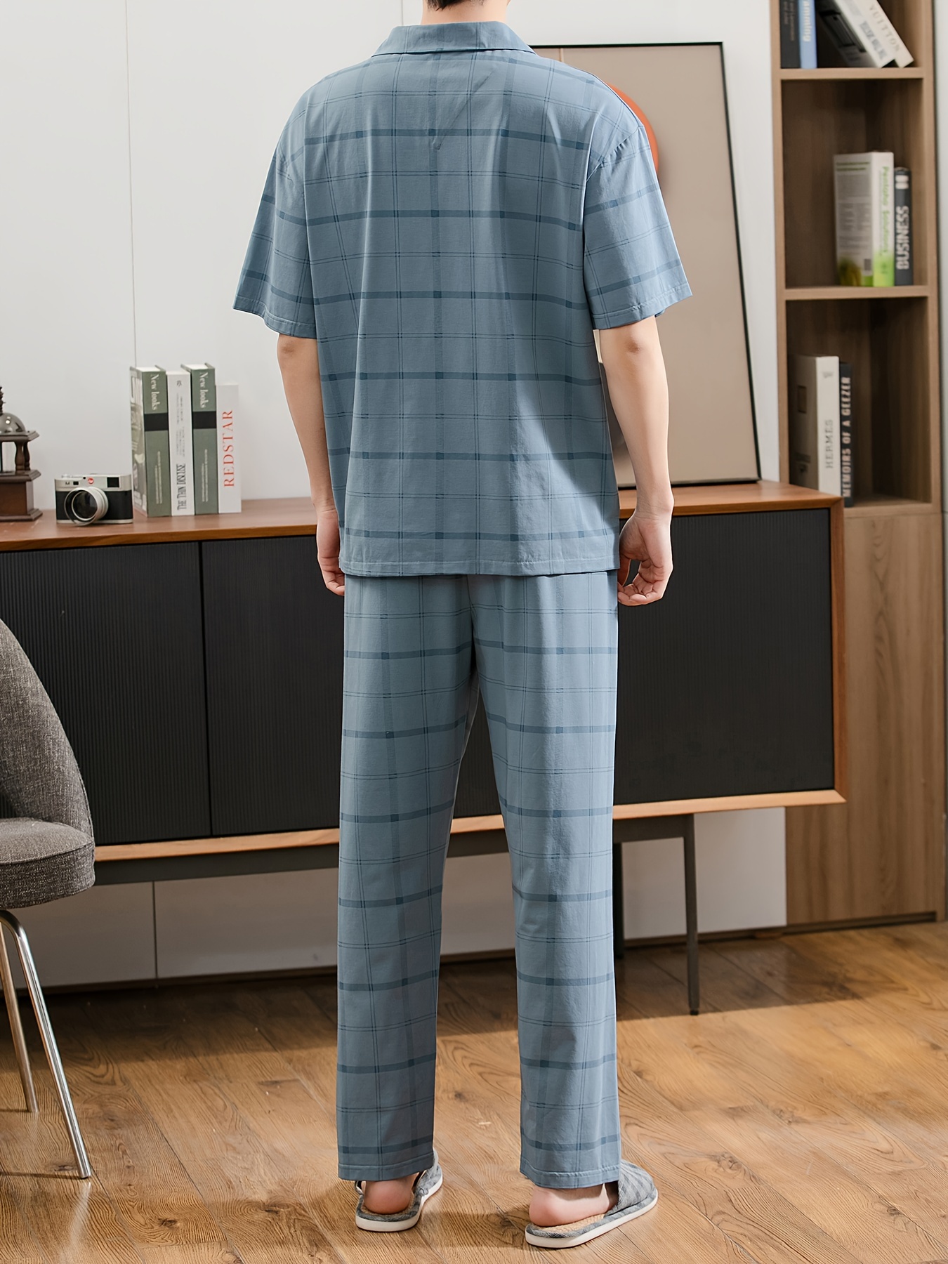 Plus Size 2 Pcs Men's 100.00% Cotton Plaid Print Lapel Short Sleeve & Trousers Pajama Set, Comfy & Skin-friendly Style Pajamas For Men's Cozy Loungewear
