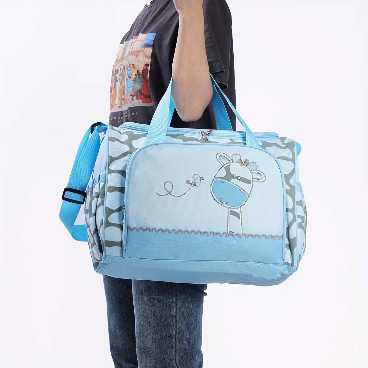 

1pc Large Embroidered Giraffe Shoulder Mommy Bag; Multi-functional Large Capacity Bag