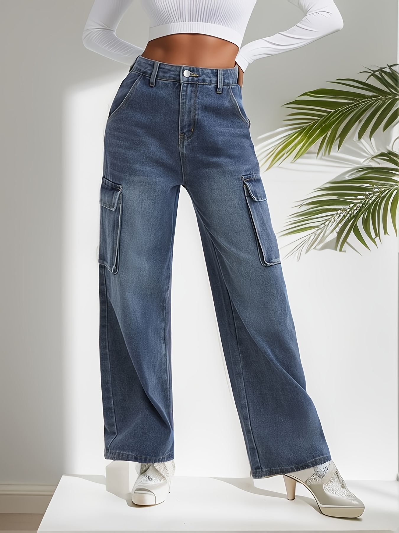 Side Cargo Pockets Exposed Seam Loose Jeans Slash Pocket - Temu