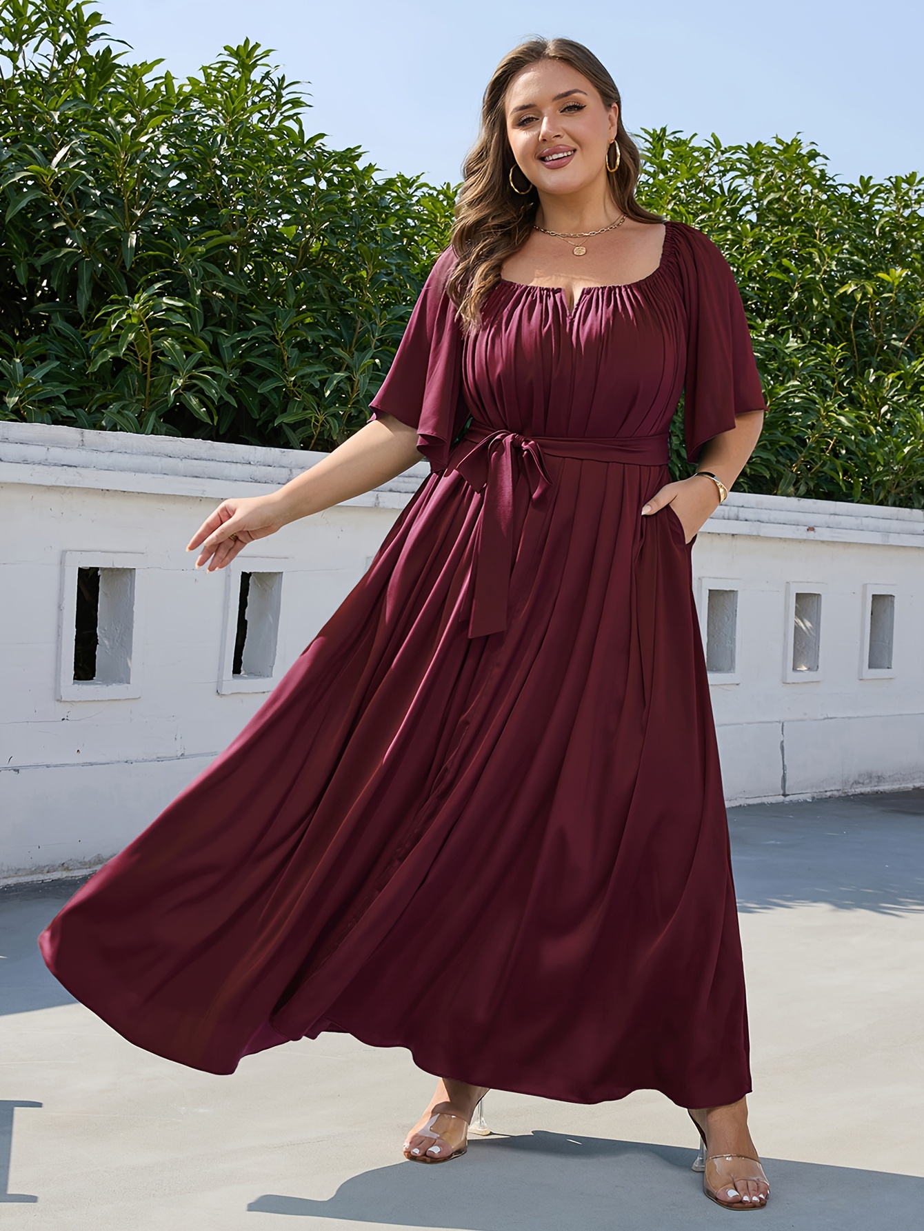 long flowy maxi dress plus size women square neck a line casual Lace