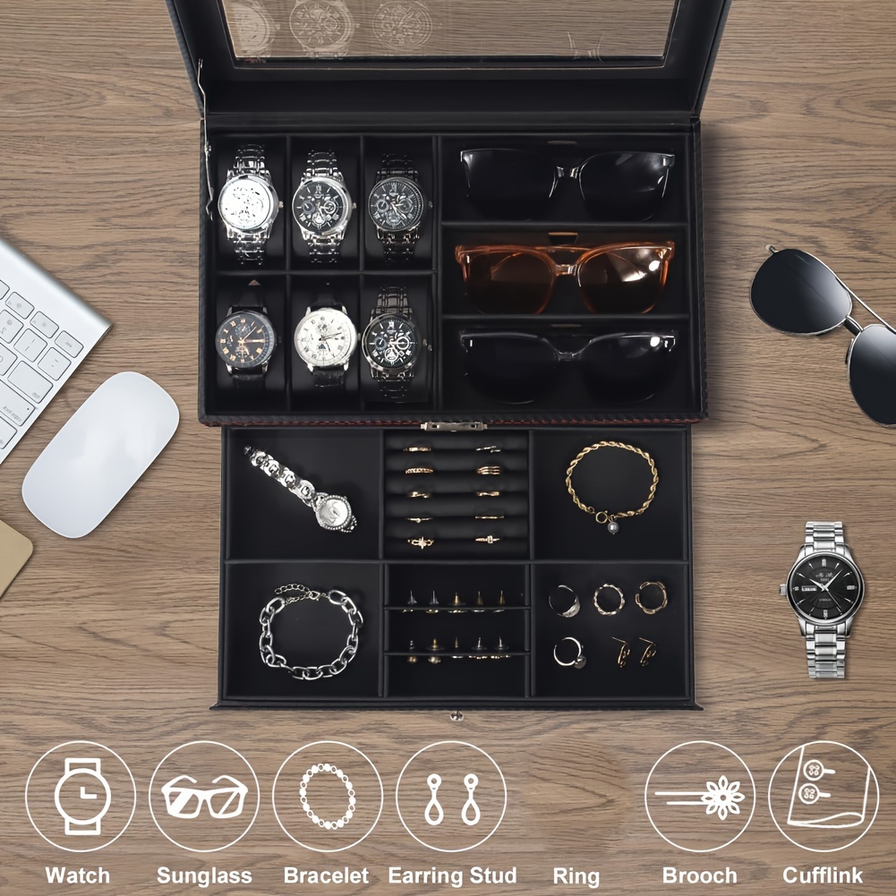 TEMU 6-slot Watch Box & 3 Slot Sunglasses Organizer, Lockable Watch Case With Glass Lid, 2 Layers, With 1 Drawer For Rings, Bracelets, Gift Idea,