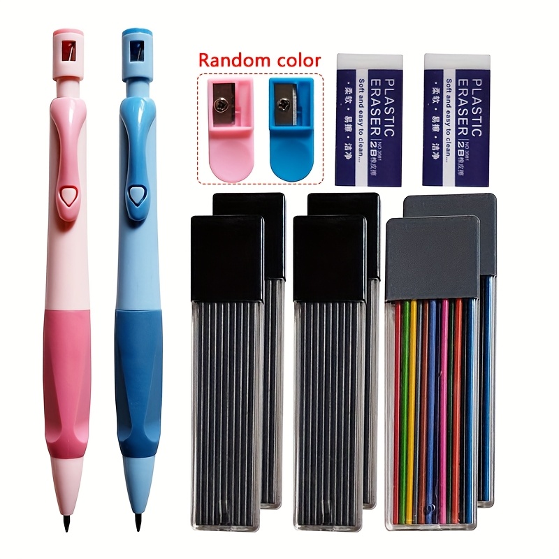 Image of 12pcs 2.0mm Automatic Pencil, Pencil Sharpener Random Color Student Writing Pencil, Suitable For Art Drawing Sketch Pen, Correct Holding . Gift With Colored Lead Reffil Eraser Pencil Sharpener