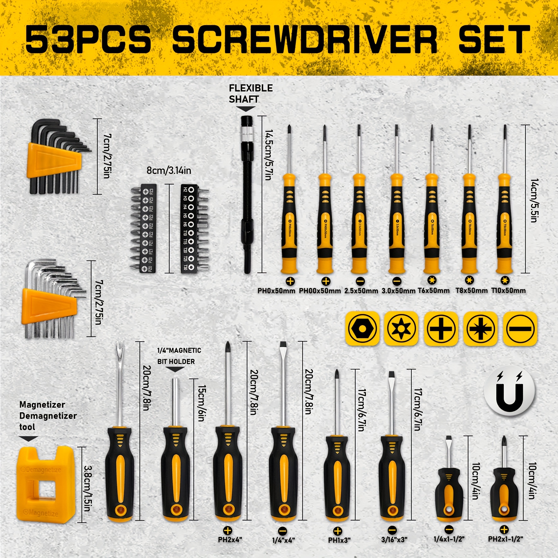 53/121/130 Pcs Magnetic Screwdriver Set, Chrome Vanadium Steel, Multi-Size, Hex Wrench, Flat & Hex Head, Non-Slip Handles, with Storage Rack & Magnetic Bowl,gloves,nail Puller,Screw, DIY Tools for Men Tools Gift