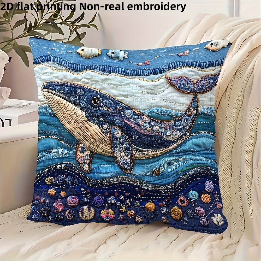 TEMU Housse de coussin 2D Plate - 1pc, Inspiration Océan, 18X18 pouces, Ultra-Douce, Court Peluche, Impression 2D Plate, Broderie, Impression Simple