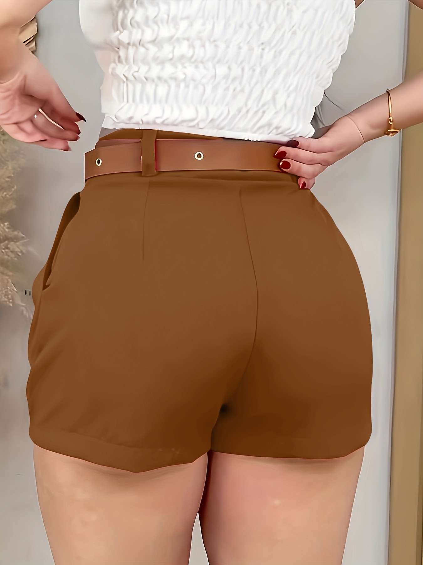 Shorts de Mujer de Color Sólido con Bolsillos Inclinados para Primavera, Verano y Otoño (Cinturón No Incluido)