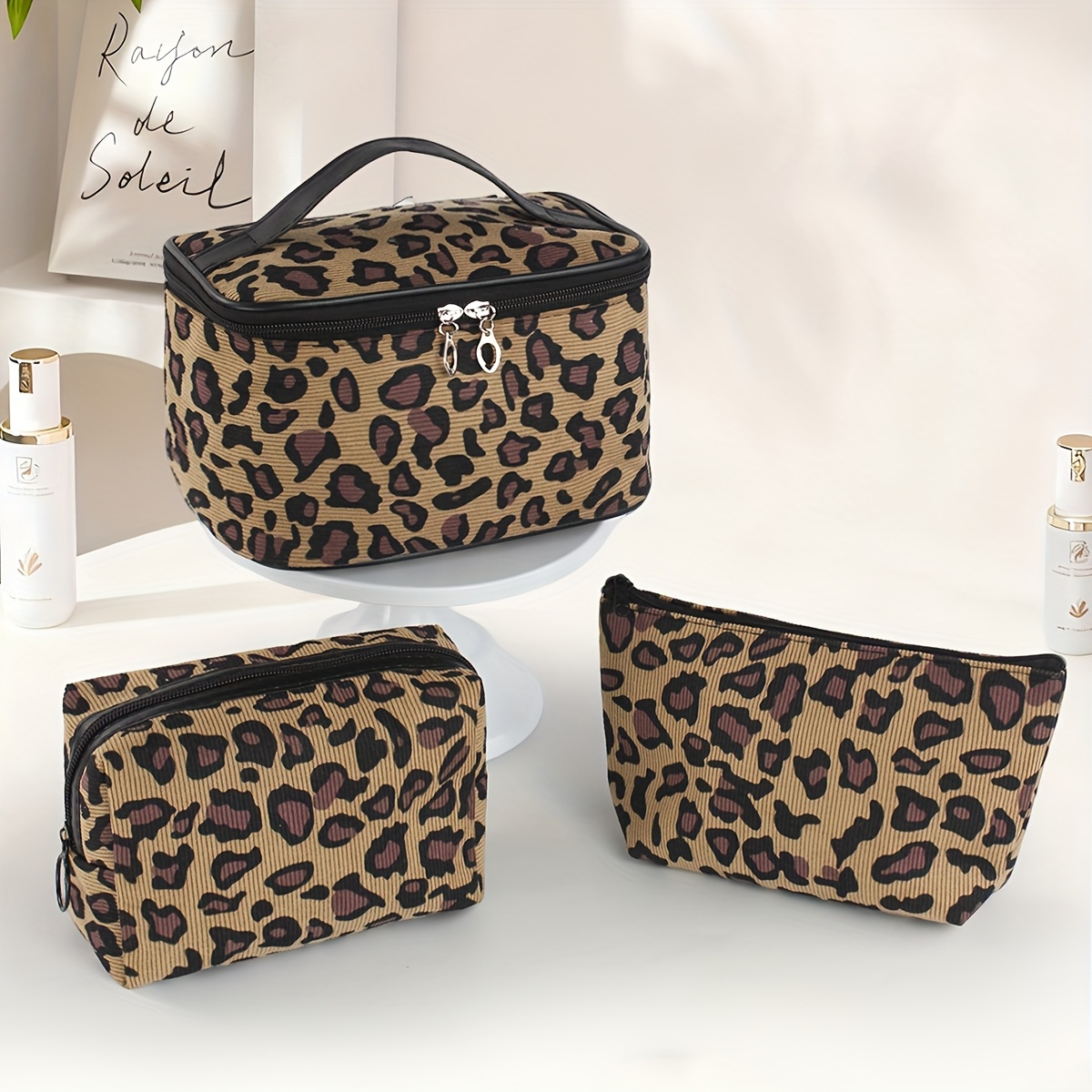 E-shop Modisches Vintage-Kosmetiktaschen-Set, 3-teilig (Samt-Serie) – Klassisches Leopardenmuster mit vielseitigen Aufbewahrungsmöglichkeiten. Großes