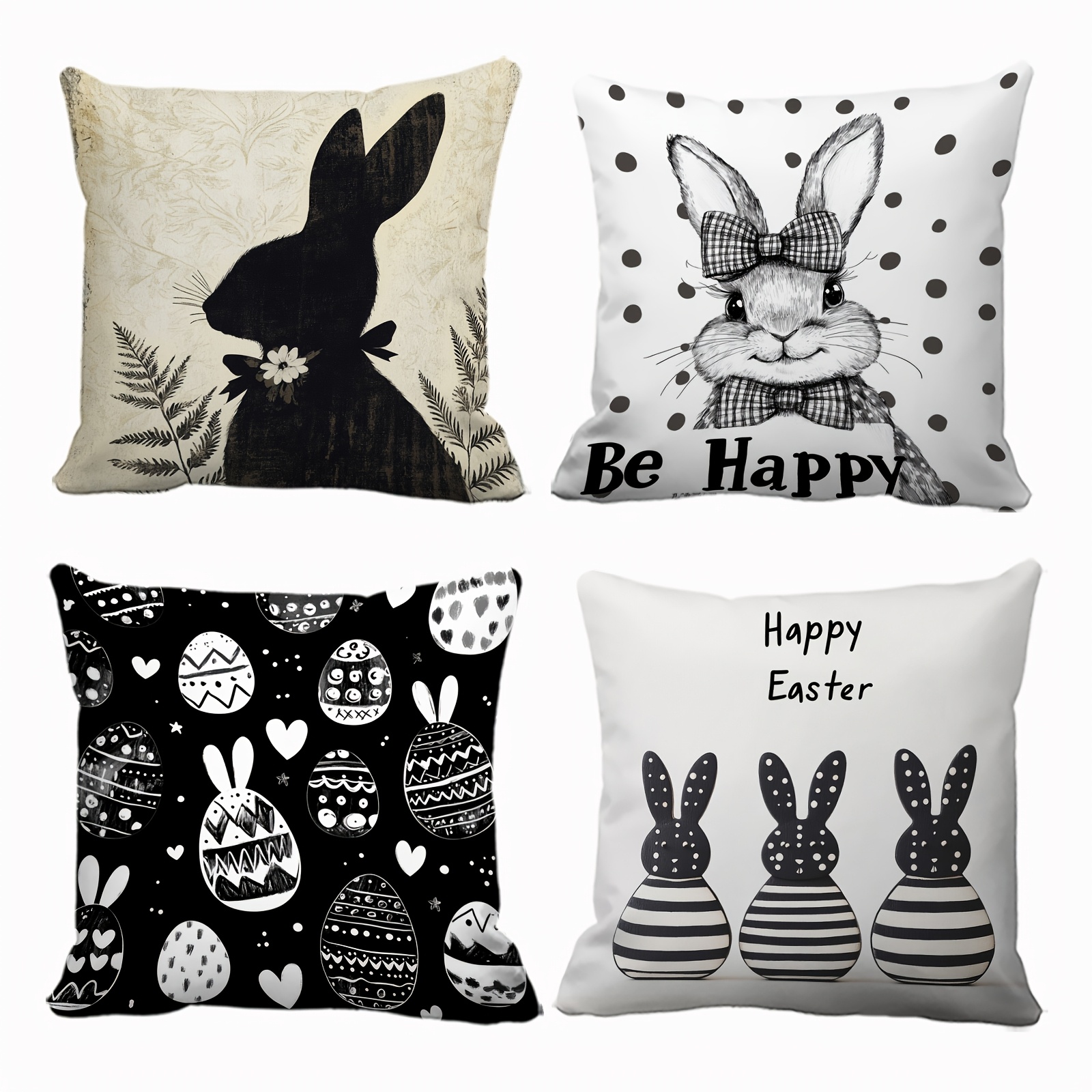 

Easter Bunny 4pcs Throw Pillow Covers Set - Black & White, Soft Polyester, Zip Closure - Living Room, Bedroom, Car, Office Decor (17.72" X 17.72")