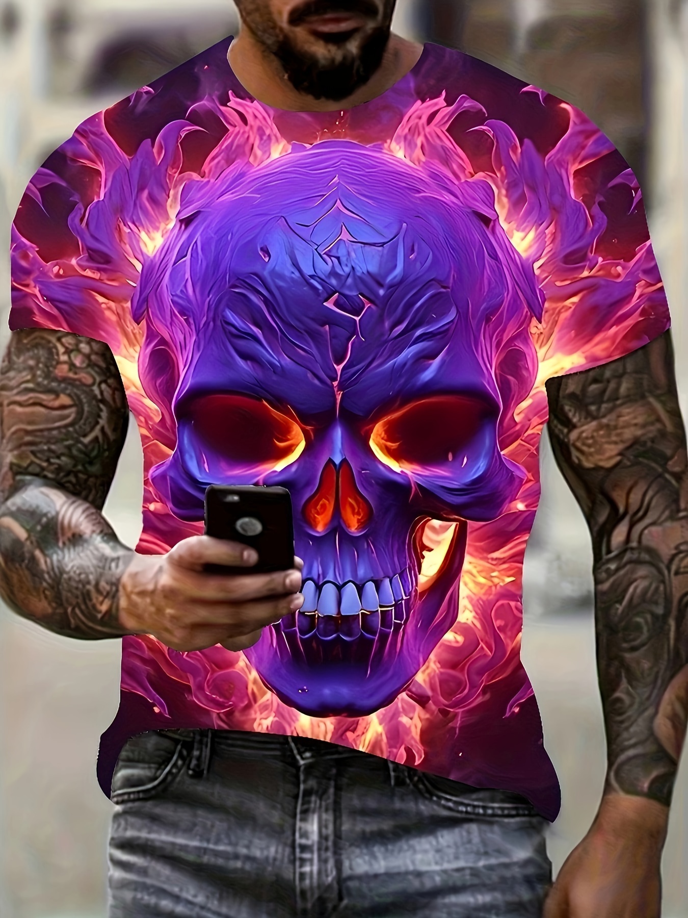 Men's Plus Size 3D Glowing Skull & Flame Graphic T-Shirt - Short Sleeve, Casual Summer Tee, Vivid Purple & Pink Flames Design, Polyester/Spandex Blend, Machine Washable, PLUS SIZE
