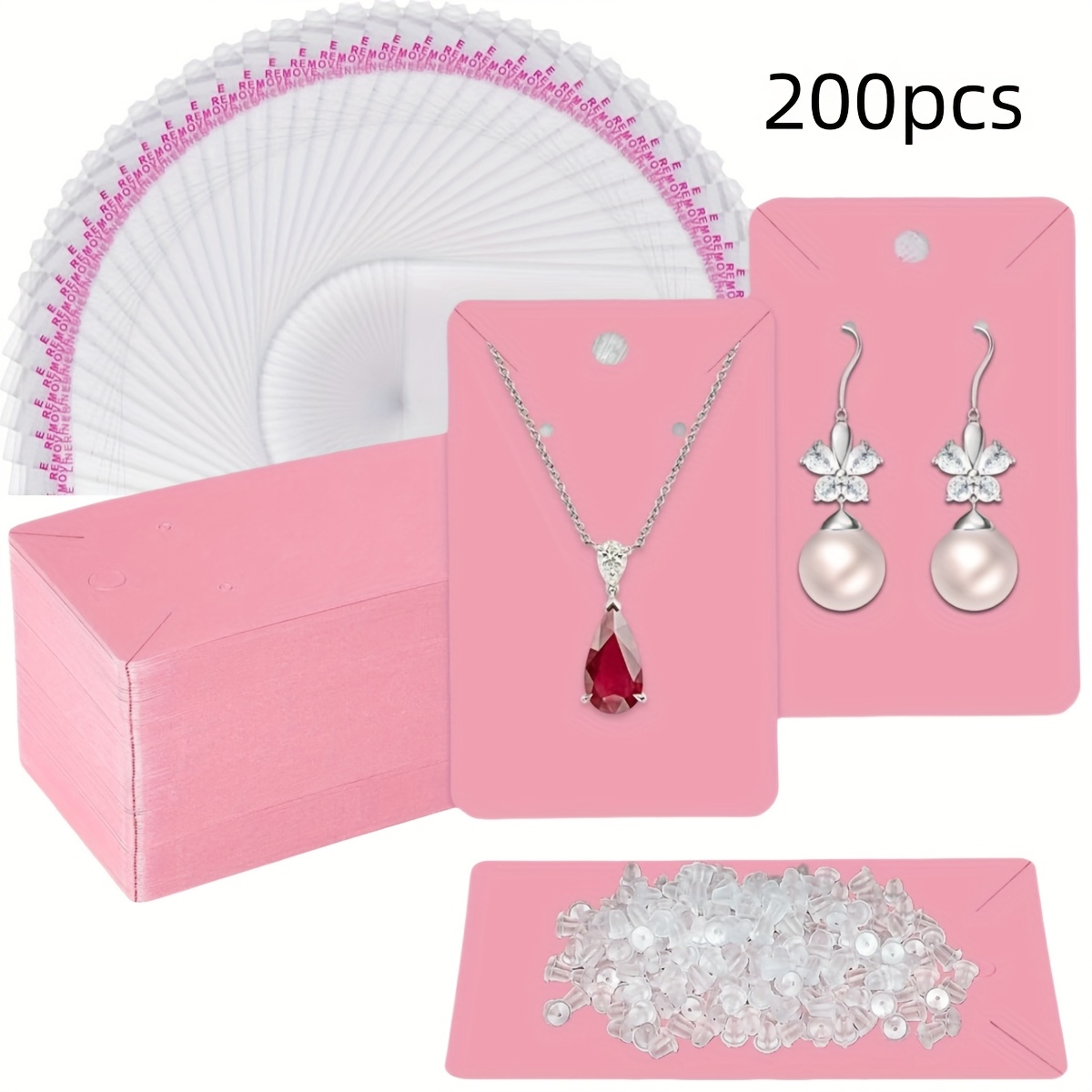 TEMU Kit de 200 cartes d' pour boucles d'oreilles roses comprenant 50 cartes pour boucles d'oreilles roses, 50 sacs d'emballage auto-scellants et 100