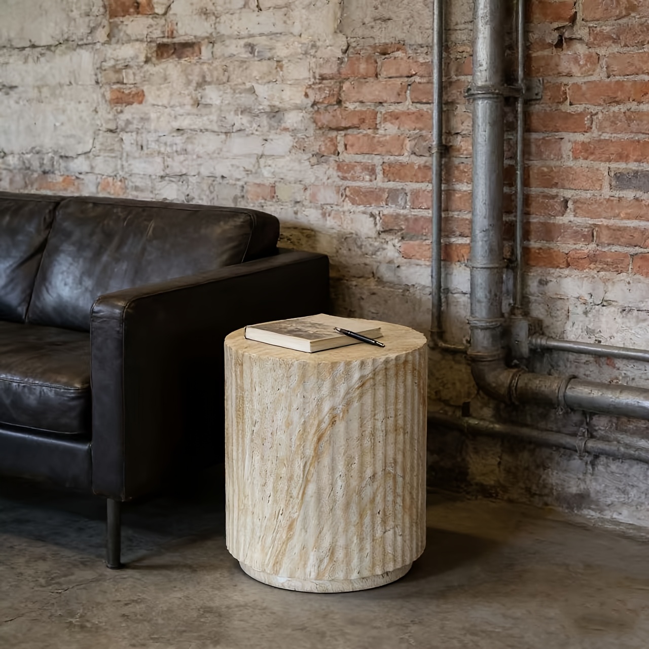 1pc Light Luxury Faux Cave Stone Side Table with a Cylindrical Vertical Stripe Design, Suitable for Living Room Sofa Side Or As a Small Bedside Table in The Bedroom