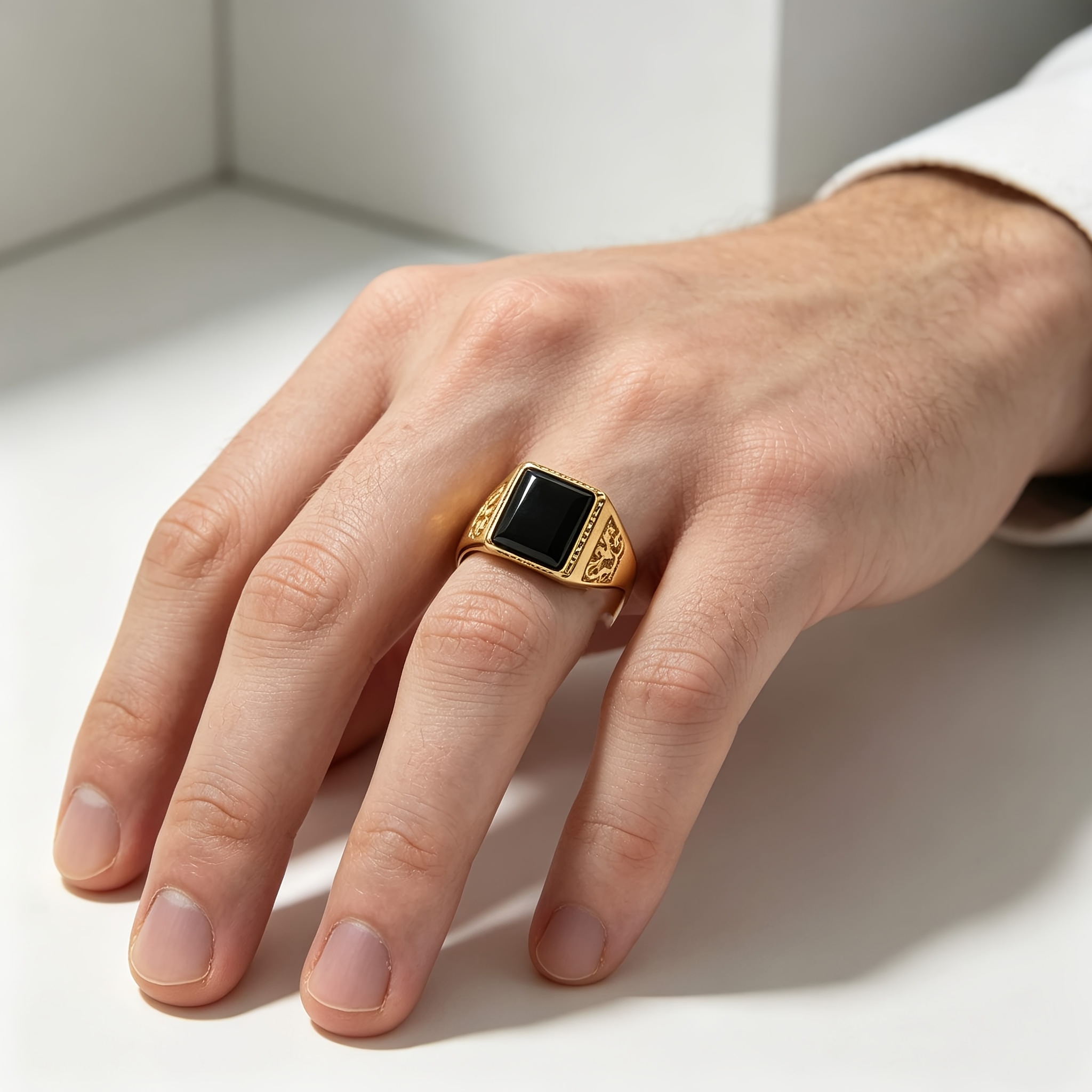 Men's Embossed Pattern Adjustable Open Band Signet Ring