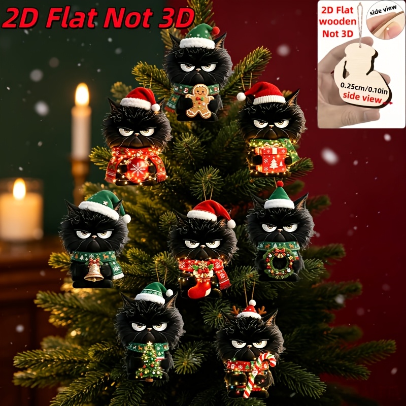 TEMU 2d Flat - 8pcs Set Of Cute Black Cats With Different Christmas Outfits Wooden Ornaments - 2d Flat, Not 3d | , Manufactured Wood | Suitable For