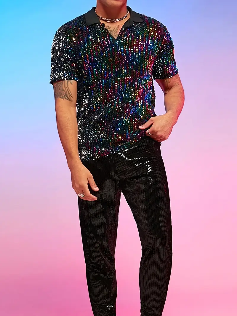 men's iridescent dress shirt JIECHI Dots Tulle Drape Iridescent Shirt, L