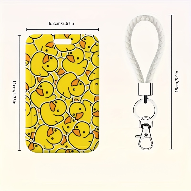 TEMU 2d 1pc Cute Little Yellow Duck Id Card Holder With Wrist Strap, Durable Multi-functional Plastic And Oilproof Badge Holder For Work, Study, And