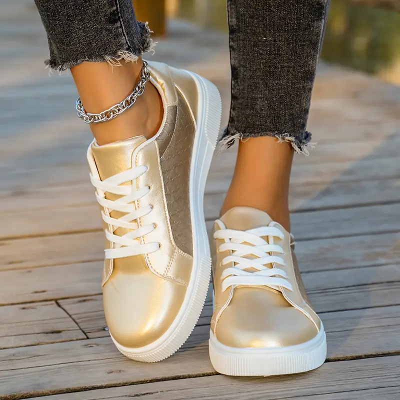 womens fashion sneakers solid color lace up low   shoes breathable fabric inner non slip rubber sole with height increase for     footwear 36 golden 9