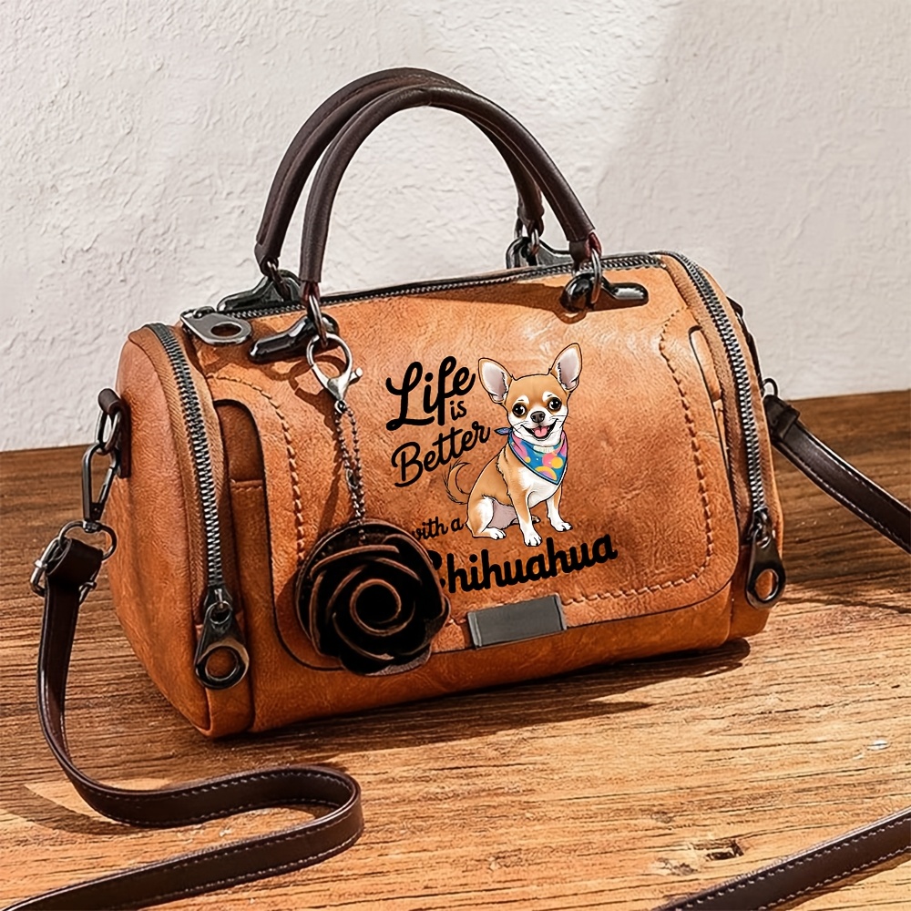 TEMU 1pc Women's Shoulder Bag Women's Crossbody Bag Handbag Boston Handbag, Stylish Daily Bag With Better With A Chihuahua Pattern Print, Multi