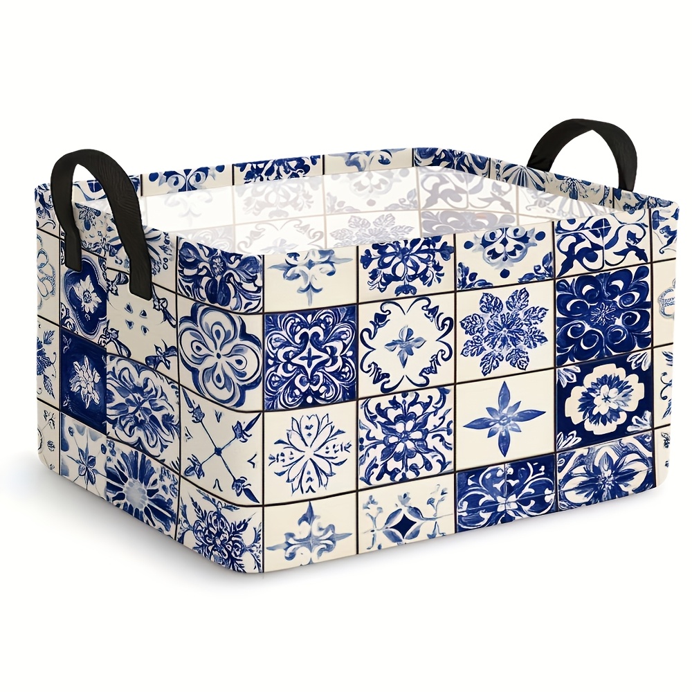 TEMU 1 pz, Dokriy, Cesto portabiancheria pieghevole con stampa mediterranea in piastrelle vintage blu- portoghese, organizer di grande capacit� per