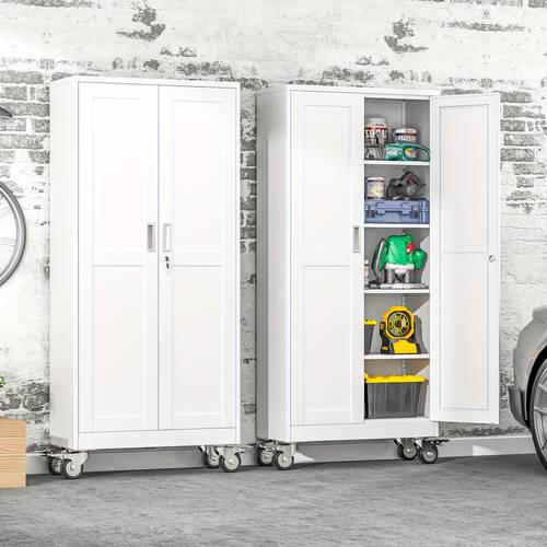 71 inch wheeled storage cabinet with 2 doors and 4 adjustable shelf metal filing cabinets suitable for home offices kitchens and garages