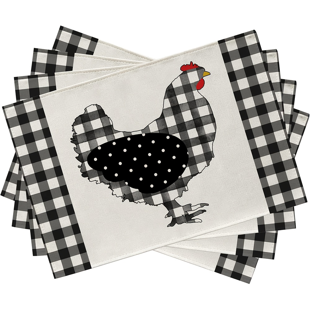 

4pcs Farmhouse Chicken & Hen Placemats Set - Rustic Buffalo Check , Polyester, Rectangular Dining Table Mats, Spring/summer Country Decor, 12x18 Inches