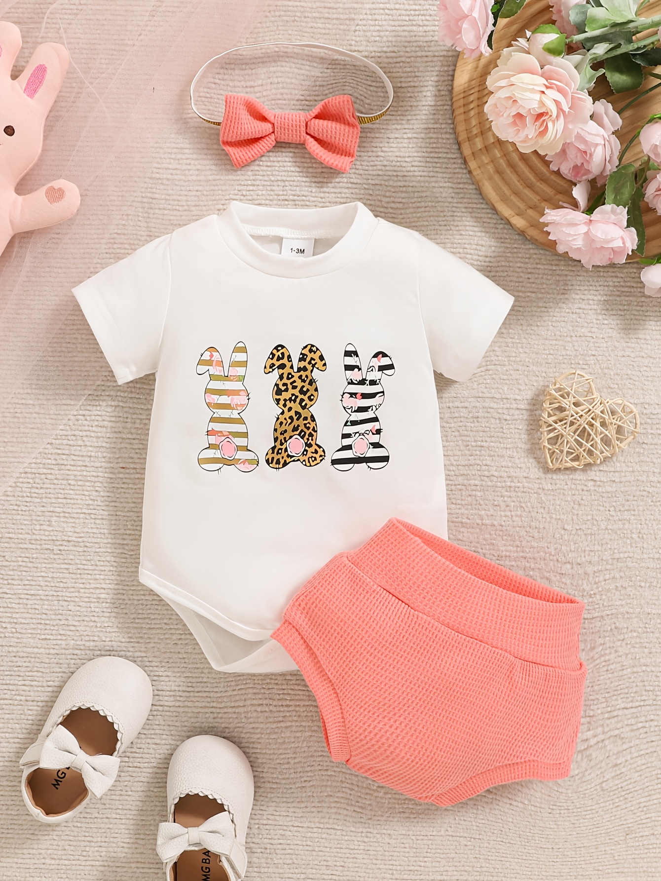 Guodeunh Newborn Baby Girl Easter Outfits Infant Letter Romper 3D Pompom Bunny Tail Shorts Headband 3PCS Rabbit Clothes (Purple- A, 3-6